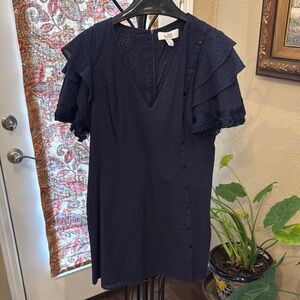 Badgley Mischka Blue Ruffled Buttoned Dress